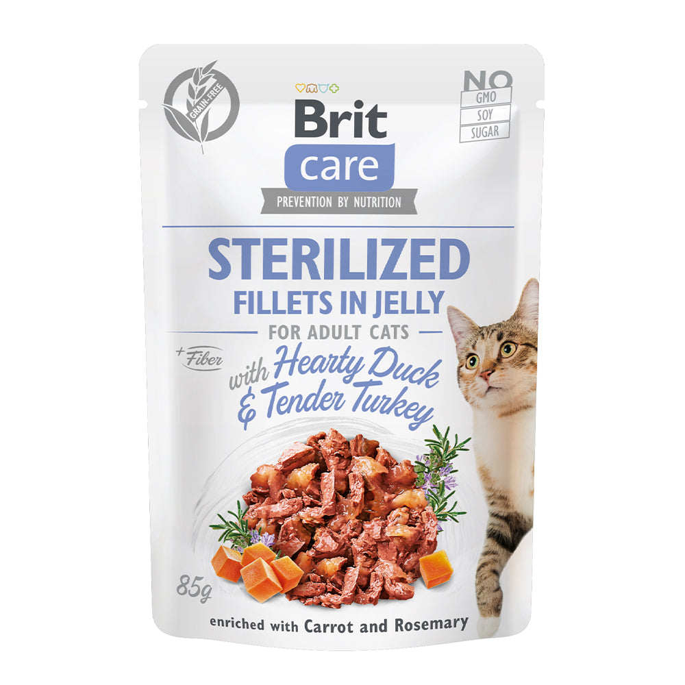 Bild vom Produkt: Brit Care Cat Premium Nassfutter Filets in Gelee für adulte sterilisierte kastrierte Katzen - Hearty Duck & Tender Turkey Ente und Truthahn 85g