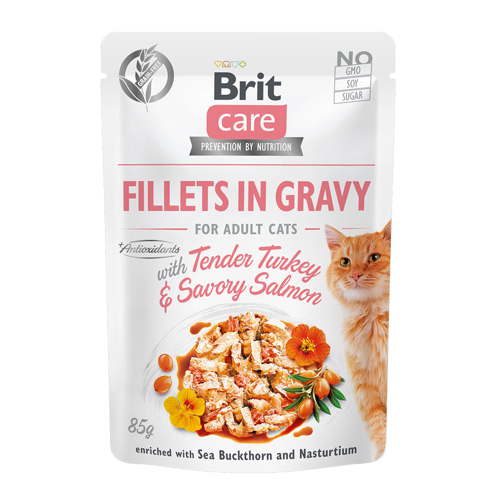 Bild vom Produkt: Brit Care Cat Premium Nassfutter Filets in Soße für adulte Katzen - Tender Turkey & Savory Salmon Truthahn und Lachs 85g