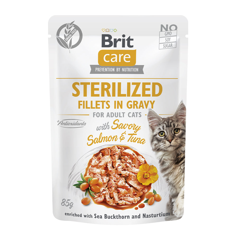 Bild vom Produkt: Brit Care Cat Premium Nassfutter Filets in Soße für adulte sterilisierte kastrierte Katzen Sterilized - Savory Salmon & Tuna Lachs und Thunfisch 85g