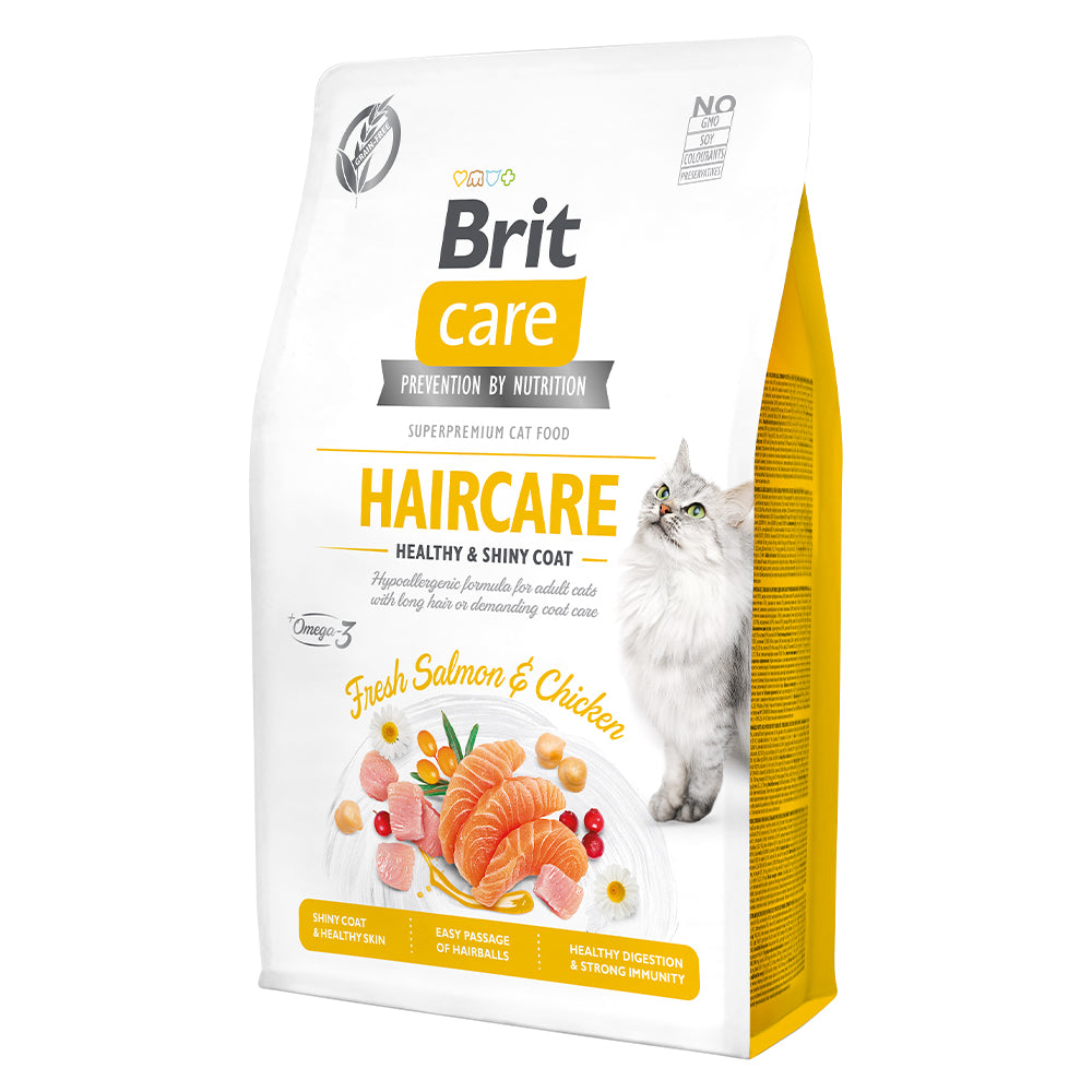 Bild vom Produkt: Brit Care Cat Premium Trockenfutter für adulte Katzen Haircare - Healthy & Shiny Coat Haut & Fell - Fresh Salmon & Chicken Lachs und Huhn 2kg