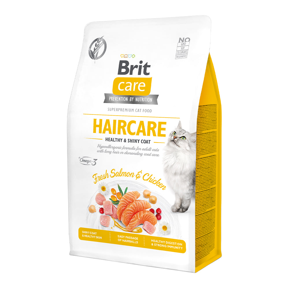 Bild vom Produkt: Brit Care Cat Premium Trockenfutter für adulte Katzen Haircare - Healthy & Shiny Coat Haut & Fell - Fresh Salmon & Chicken Lachs und Huhn 400g