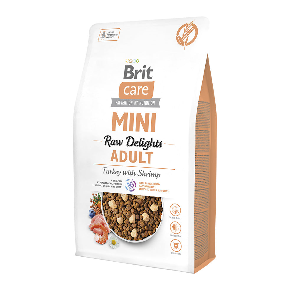 Bild vom Produkt: Brit Care Dog Mini Raw Delights Premium Trockenfutter mit gefriergetrocknetem Topping für adulte Hunde kleiner Rassen Turkey with Shrimps Truthahn mit Krabbe 2kg