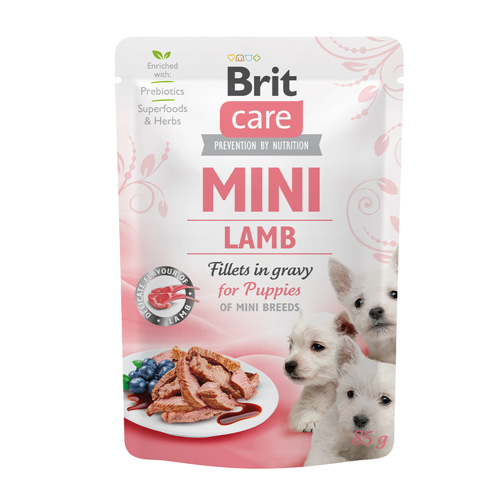 Bild vom Produkt: Brit Care Dog Mini Premium Nassfutter Pouch Filets in Soße für Welpen Puppy kleiner Rassen - Lamb Lamm 85g