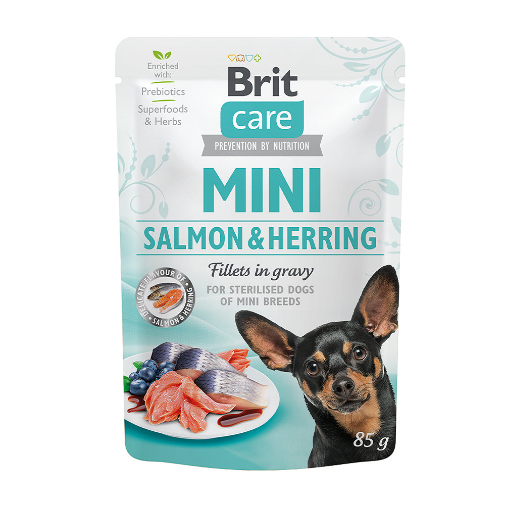 Bild vom Produkt: Brit Care Dog Mini Premium Nassfutter Pouch Filets in Soße für adulte sterilisierte Hunde kleiner Rassen - Salmon & Herring Lachs und Hering 85g
