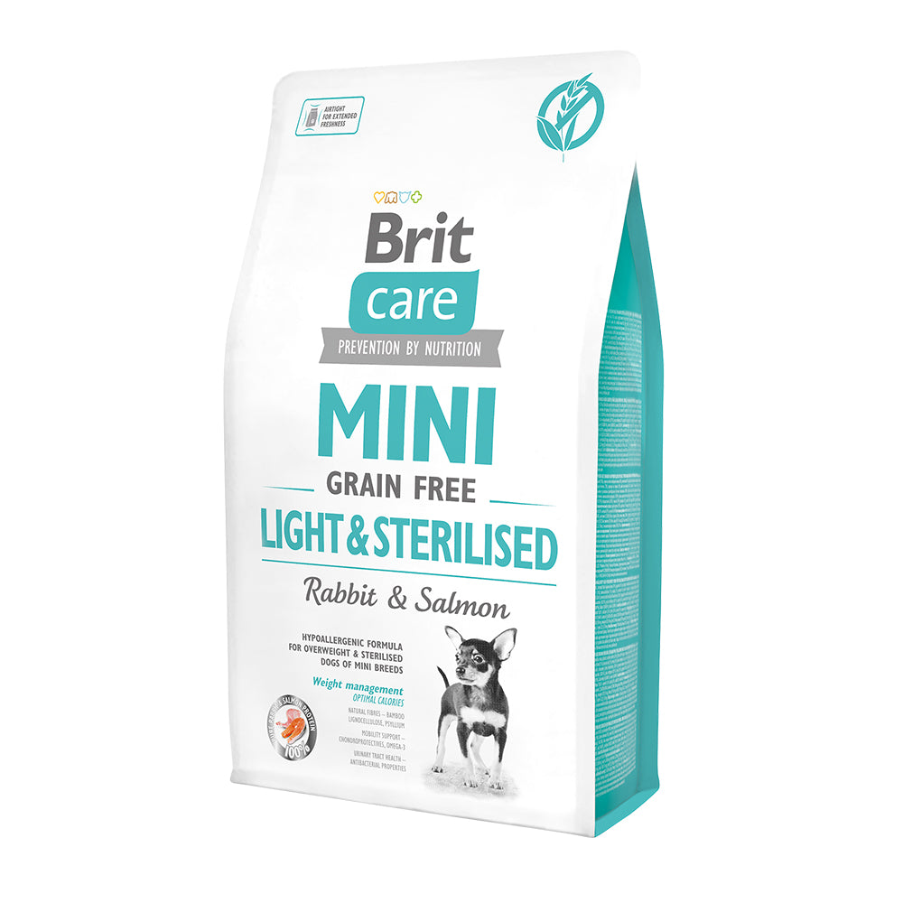 Bild vom Produkt: Brit Care Dog Mini Premium Trockenfutter Light & Sterilised für adulte sterilisierte Hunde kleiner Rassen - Rabbit Salmon Kaninchen und Lachs 2kg