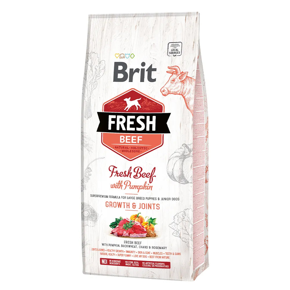 Bild vom Produkt: Brit Fresh Premium Trockenfutter für Welpen und Junghunde großer Rassen Growth & Joints Junior Large Breed - Beef with Pumpkin Rind und Kürbis 12kg