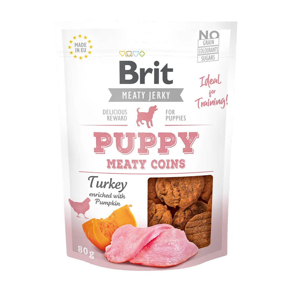 Bild vom Produkt: Brit Hund Premium Meaty Jerky Snack Luftgetrocknete Fleischtaler für Welpen und Junghunde Turkey Truthahn 80g