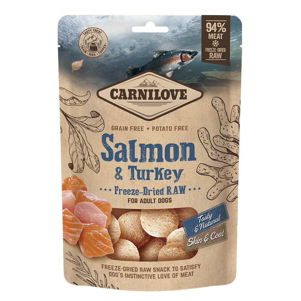 Bild vom Produkt: Carnilove Premium Freeze Dried Raw Treat Gefriergetrockneter Snack für adulte Hunde Salmon Turkey Lachs Truthahn Skin Coat Haut Fell 60g