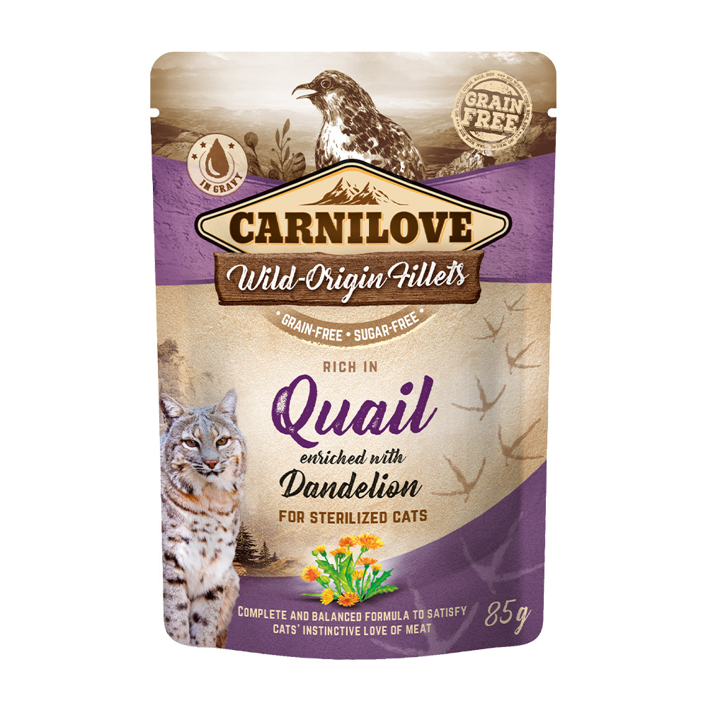 Bild vom Produkt: Carnilove Premium Nassfutter Pouch in Soße für adulte sterilisierte und kastrierte Katzen - Quail with Dandelion Wachtel mit Löwenzahn 85g