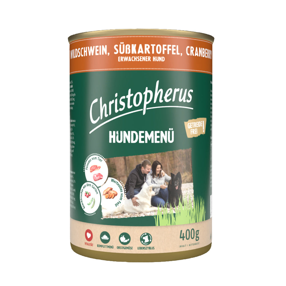 Bild vom Produkt: Christopherus Hund Nassfutter Hundemenü Getreidefrei für Adulte Hunde Wildschwein Süßkartoffel Cranberry 400g