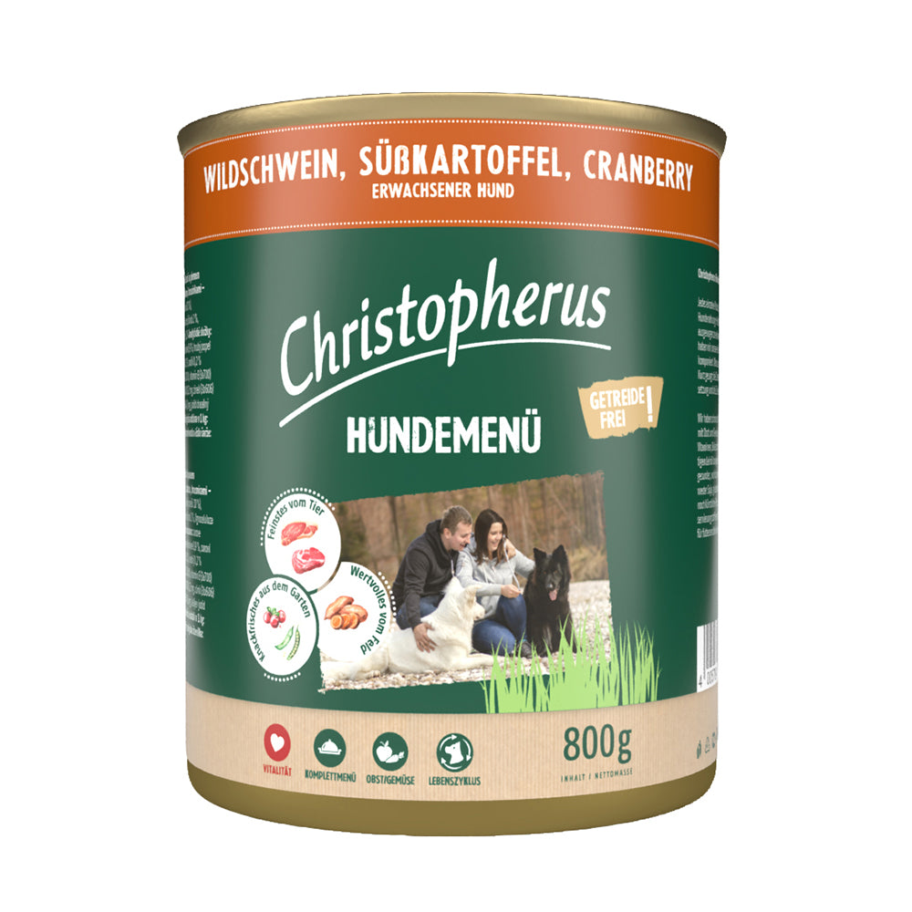 Bild vom Produkt: Christopherus Hund Nassfutter Hundemenü Getreidefrei für Adulte Hunde Wildschwein Süßkartoffel Cranberry 800g