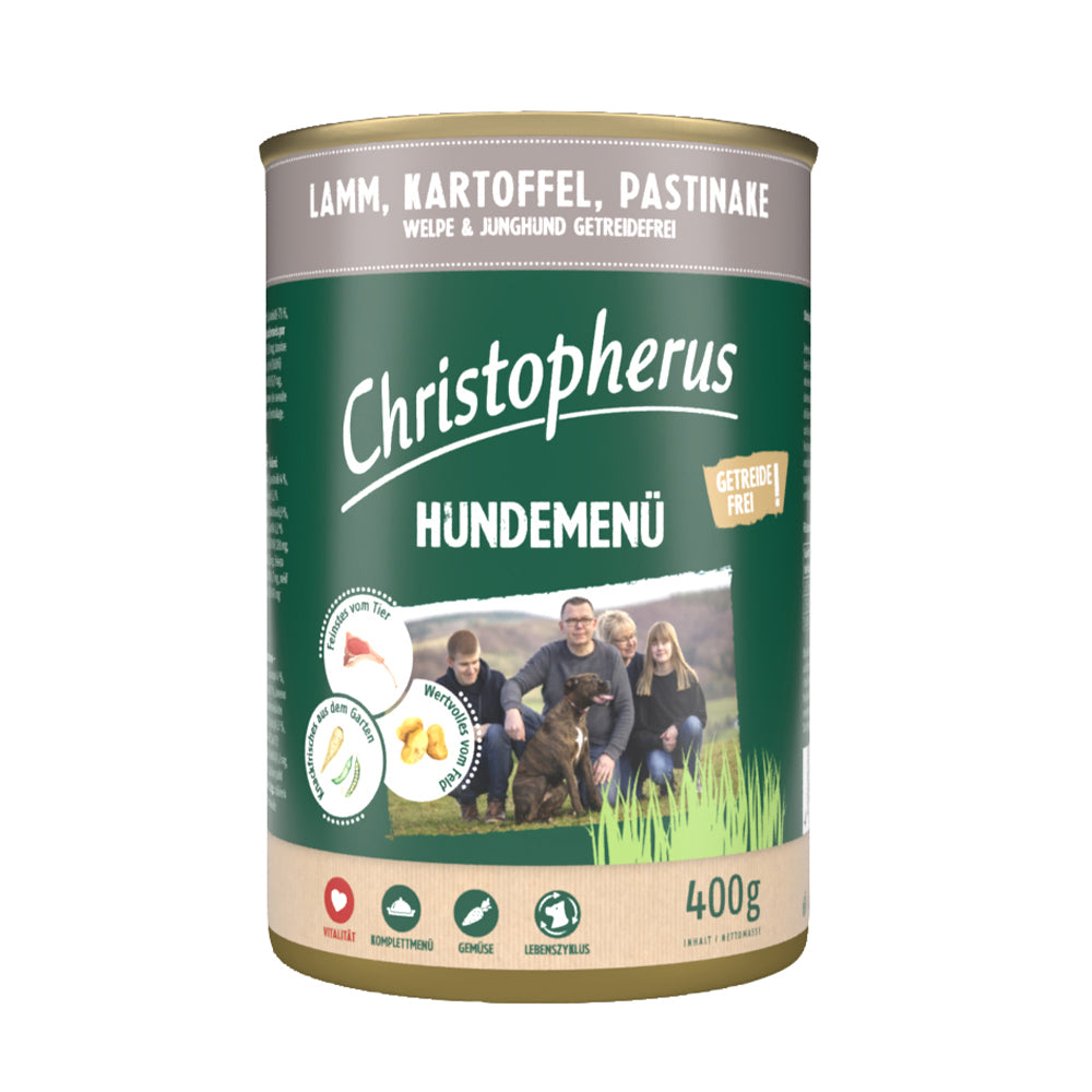 Bild vom Produkt: Christopherus Hund Nassfutter Hundemenü Getreidefrei für Junior Welpe Junghund Lamm Kartoffel Pastinake 400g