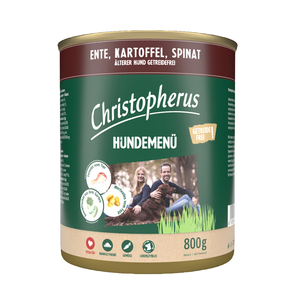 Bild vom Produkt: Christopherus Hund Nassfutter Hundemenü Getreidefrei für Senior Älterer Hund Ente Kartoffel Spinat 800g