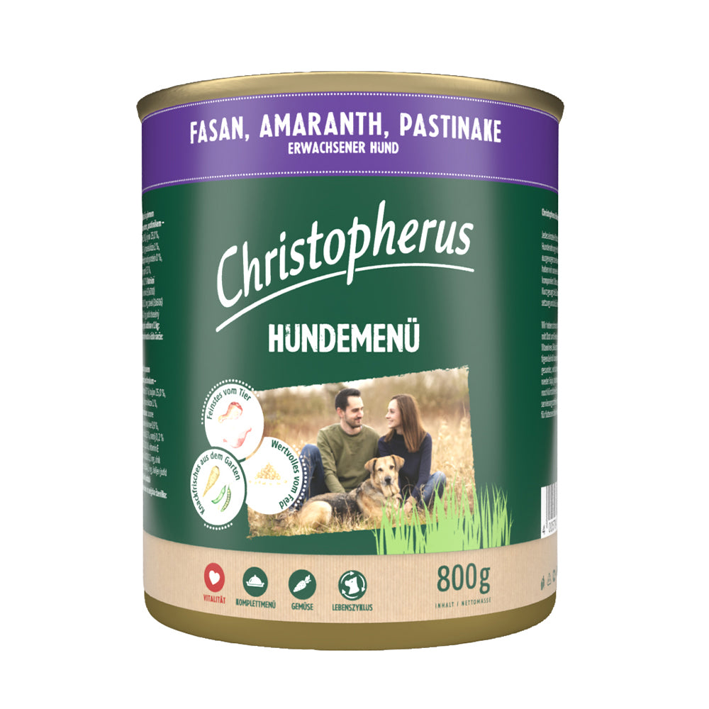 Bild vom Produkt: Christopherus Hund Nassfutter Hundemenü für Adulte Hunde Fasan Amaranth Pastinake 800g