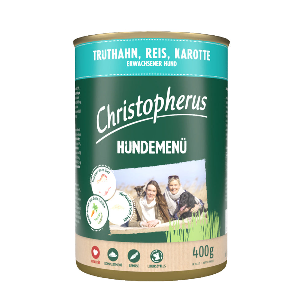 Bild vom Produkt: Christopherus Hund Nassfutter Hundemenü für Adulte Hunde Truthahn Reis Karotte 400g