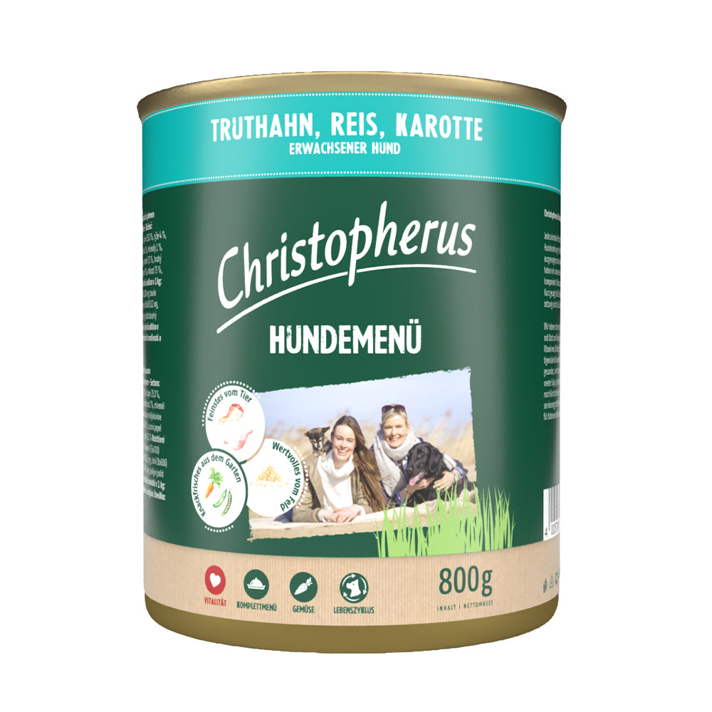 Bild vom Produkt: Christopherus Hund Nassfutter Hundemenü für Adulte Hunde Truthahn Reis Karotte 800g