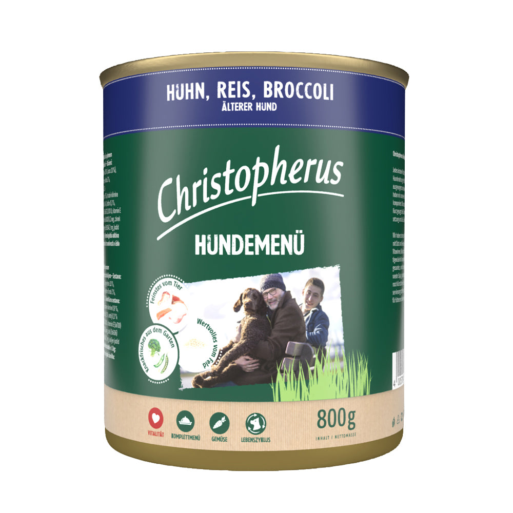 Bild vom Produkt: Christopherus Hund Nassfutter Hundemenü für Senior Älterer Hund Huhn Reis Broccoli 800g