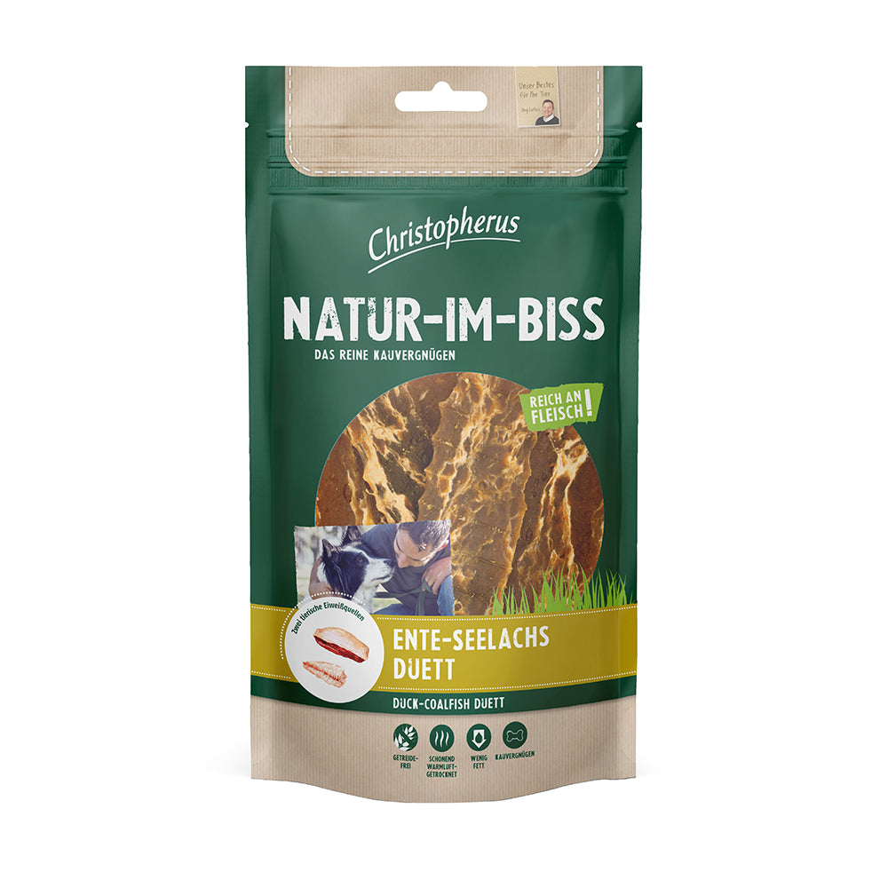Bild vom Produkt: Christopherus Hund Snack Natur im Biss Ente Seelachs Duett 70g