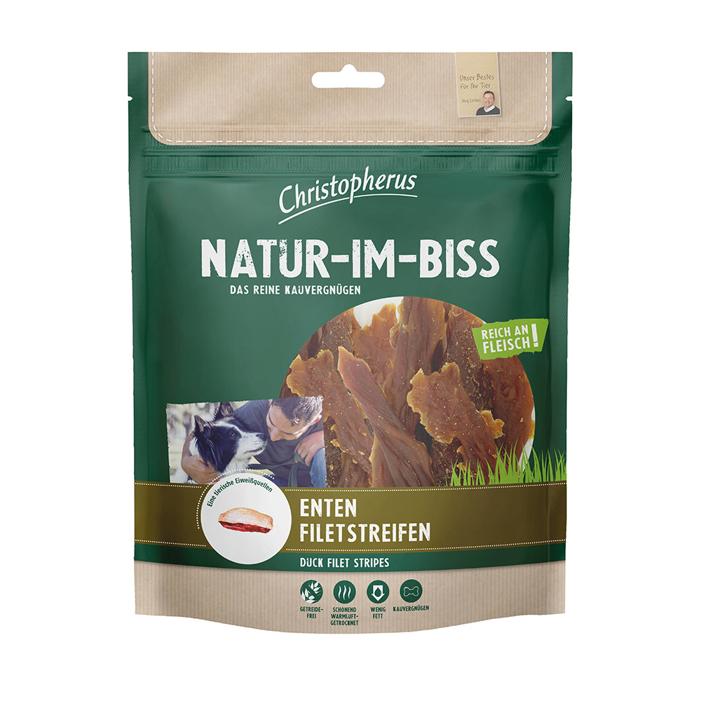 Bild vom Produkt: Christopherus Hund Snack Natur im Biss Enten Filetstreifen 300g
