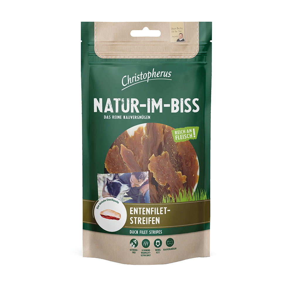 Bild vom Produkt: Christopherus Hund Snack Natur im Biss Enten Filetstreifen 70g