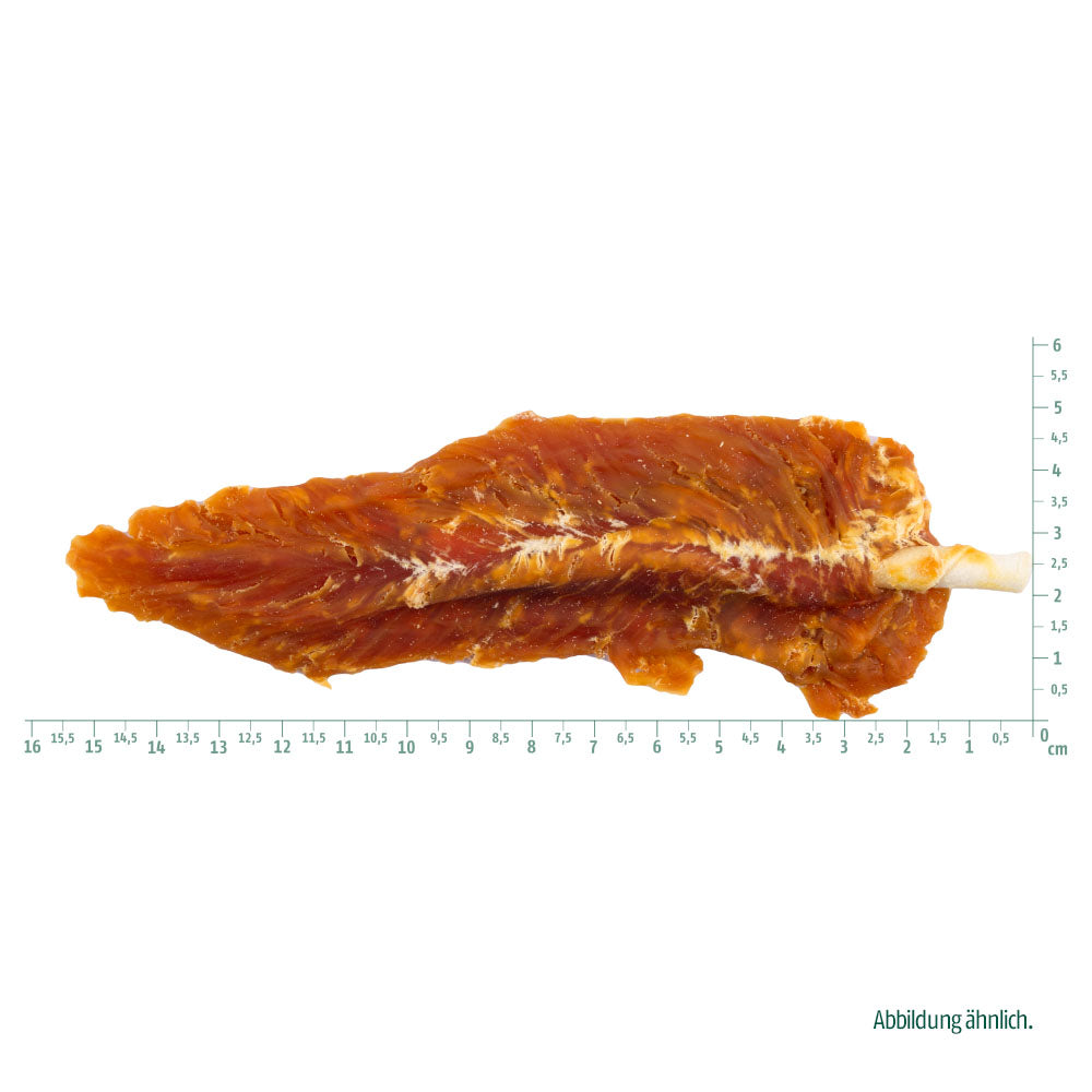 Bild von der Größe des Snacks des Produktes: Christopherus Hund Snack Natur im Biss Hähnchen Filetspieß