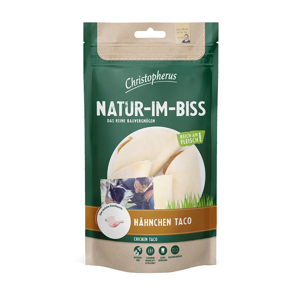 Bild vom Produkt: Christopherus Hund Snack Natur im Biss Hähnchen Taco 65g