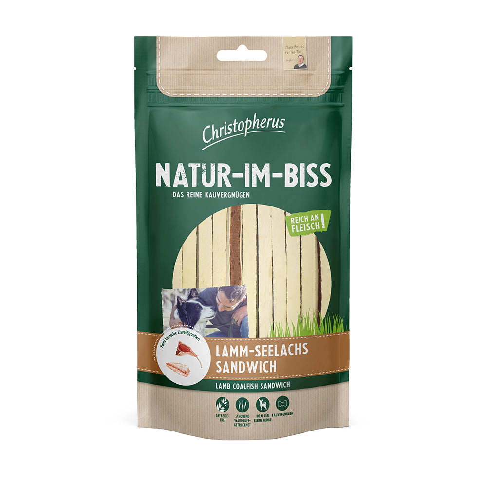 Bild vom Produkt: Christopherus Hund Snack Natur im Biss Lamm Seelachs Sandwich 70g