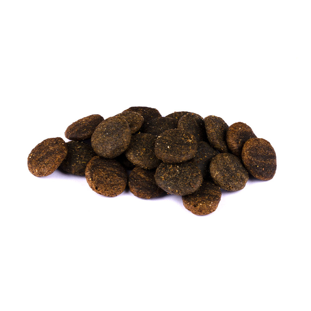 Bild von mehreren Kroketten des Produktes: Christopherus Premium getreidefreies Trockenfutter für adulte Hunde - Hirsch + Kartoffel