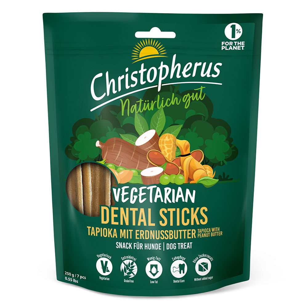 Bild vom Produkt: Christopherus Hund Vegetarisch Vegetarian Snack Dental Sticks Tapioka mit Erdnussbutter 250g Verpackung