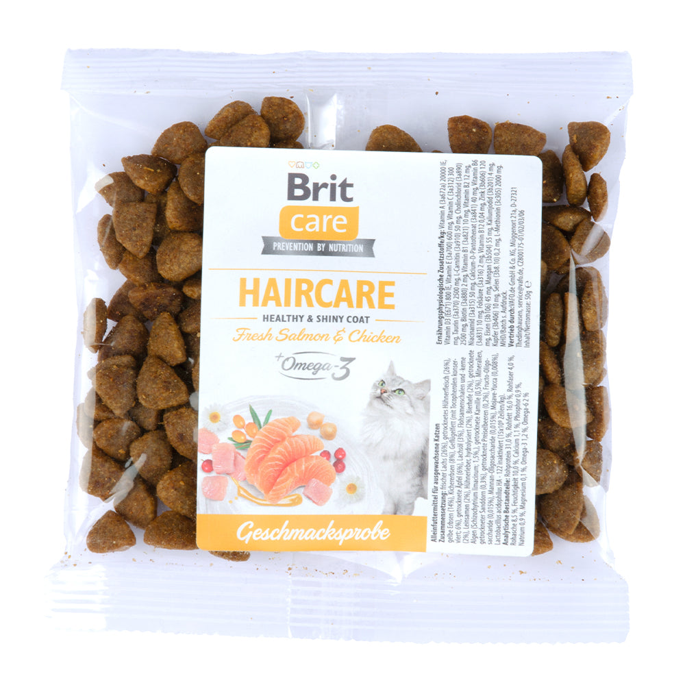 Bild vom Produkt: Probe Brit Care Cat Premium Trockenfutter für adulte Katzen Haircare - Healthy & Shiny Coat Haut & Fell - Fresh Salmon & Chicken Lachs und Huhn 50g