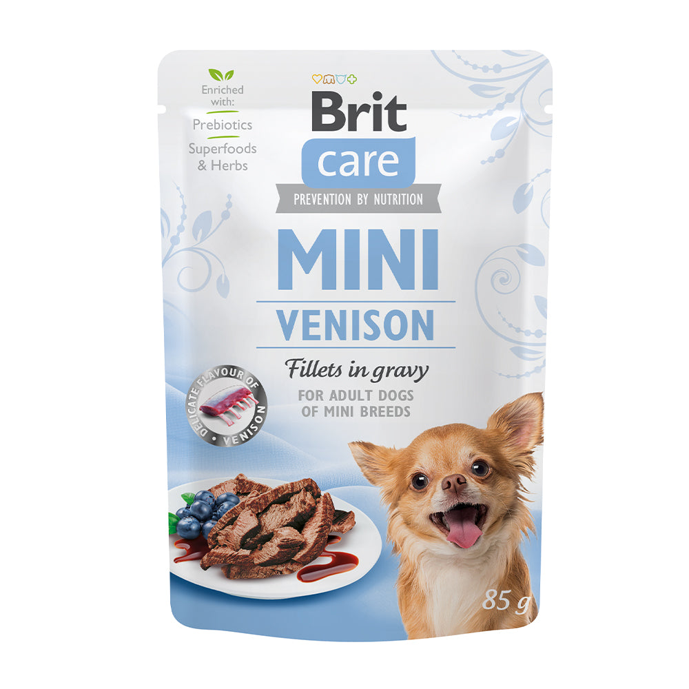 Bild vom Produkt: Brit Care Dog Mini Premium Nassfutter Pouch Filets in Soße für adulte Hunde kleiner Rassen - Venison Hirsch 85g