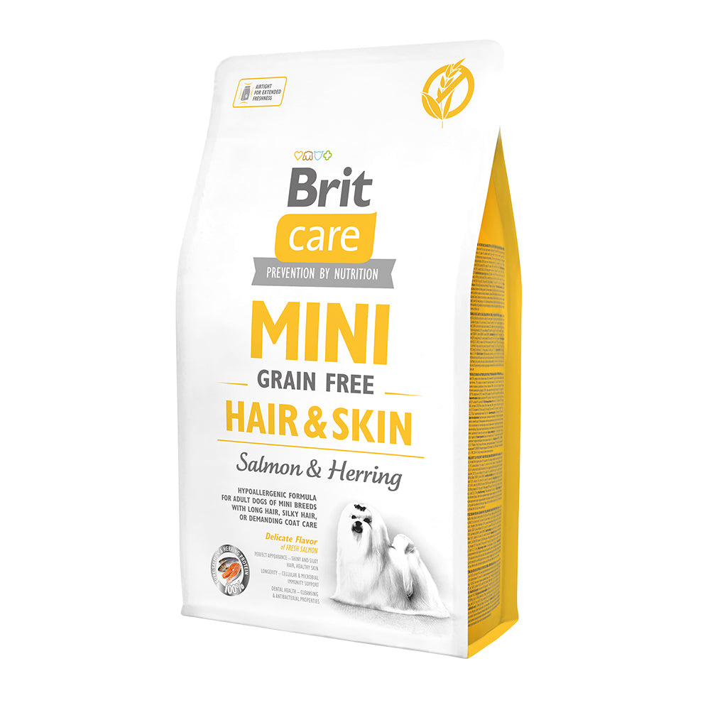 Bild vom Produkt: Brit Care Dog Mini Premium Trockenfutter Hair & Skin Haut und Fell für adulte Hunde kleiner Rassen - Salmon Herring Lachs und Hering 2kg