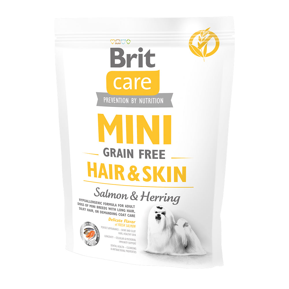 Bild vom Produkt: Brit Care Dog Mini Premium Trockenfutter Hair & Skin Haut und Fell für adulte Hunde kleiner Rassen - Salmon Herring Lachs und Hering 400g