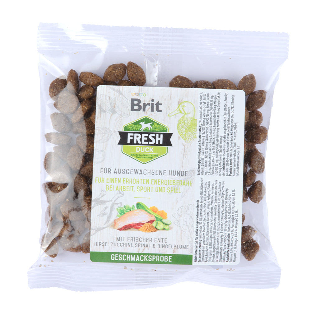 Bild vom Produkt: Probe Brit Fresh Premium Trockenfutter für adulte aktive Hunde Run & Work - Duck with Millet Ente und Hirse 60g