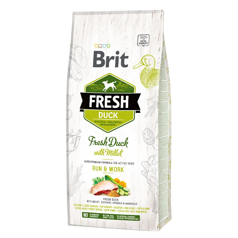 Bild vom Produkt: Brit Fresh Premium Trockenfutter für adulte aktive Hunde Run & Work - Duck with Millet Ente und Hirse 12kg