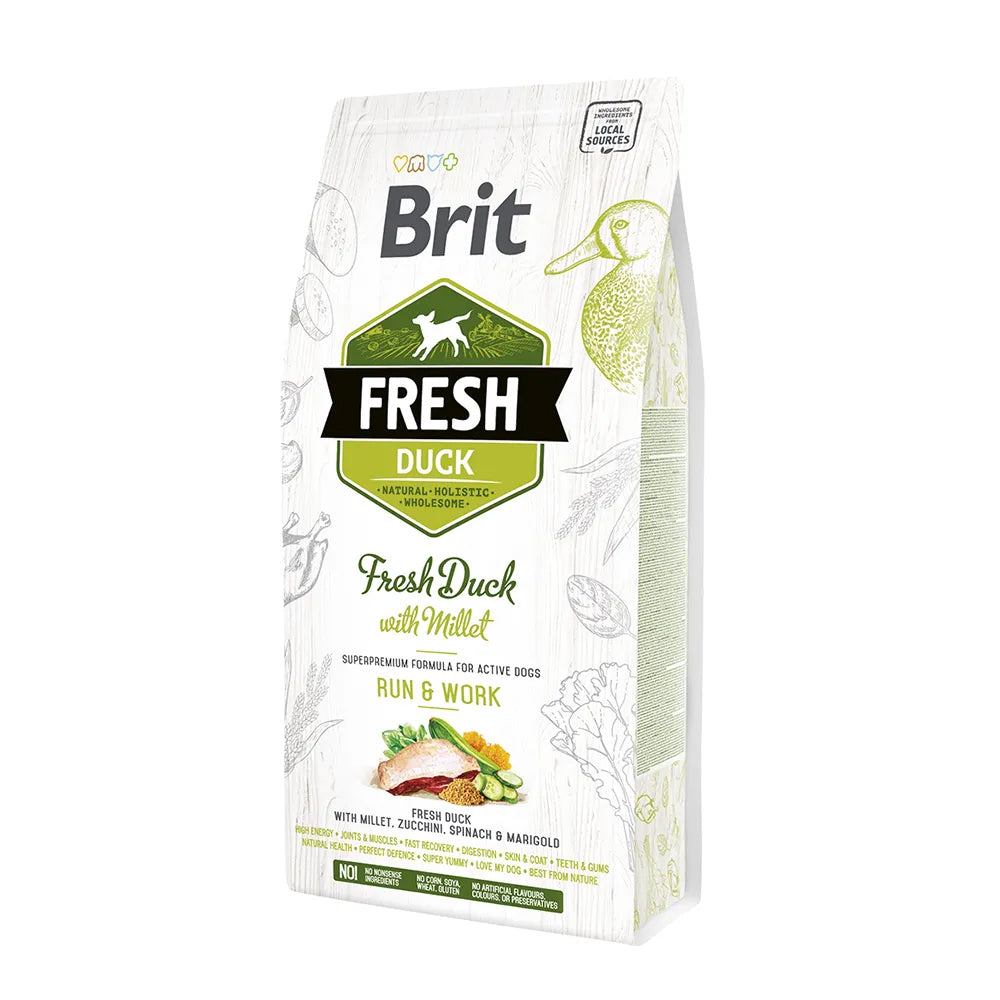 Bild vom Produkt: Brit Fresh Premium Trockenfutter für adulte aktive Hunde Run & Work - Duck with Millet Ente und Hirse 2,5kg