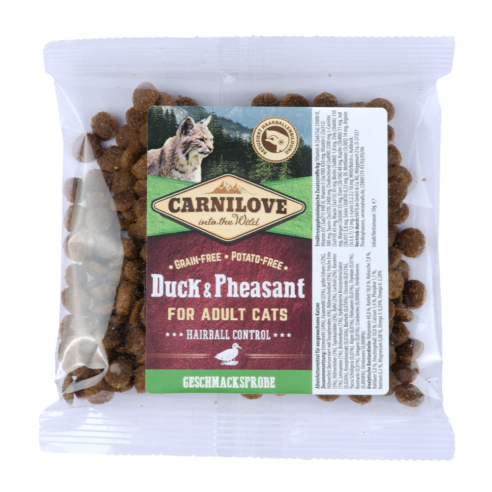 Bild vom Produkt: Probe Carnilove Premium Trockenfutter für adulte Katze Duck Pheasant Hairball Controll Ente Fasan Anti Haarball 50g