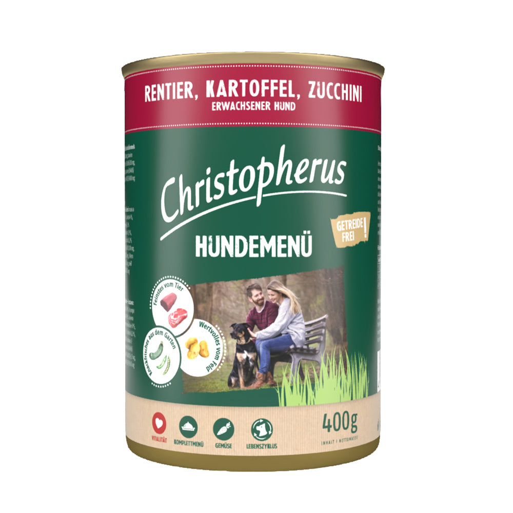 Bild vom Produkt: Christopherus Hund Nassfutter Hundemenü Getreidefrei für Adulte Hunde Rentier Kartoffel Zucchini 400g