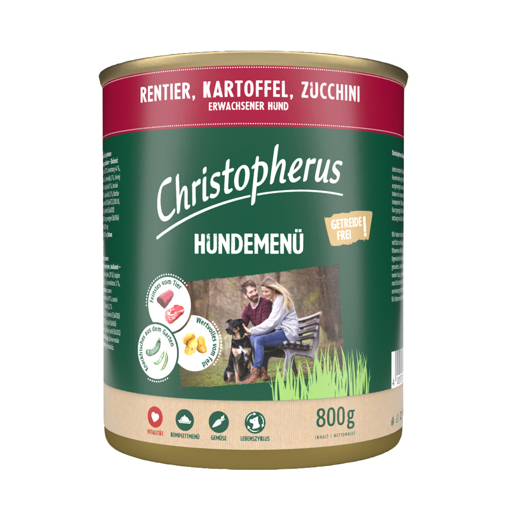 Bild vom Produkt: Christopherus Hund Nassfutter Hundemenü Getreidefrei für Adulte Hunde Rentier Kartoffel Zucchini 800g
