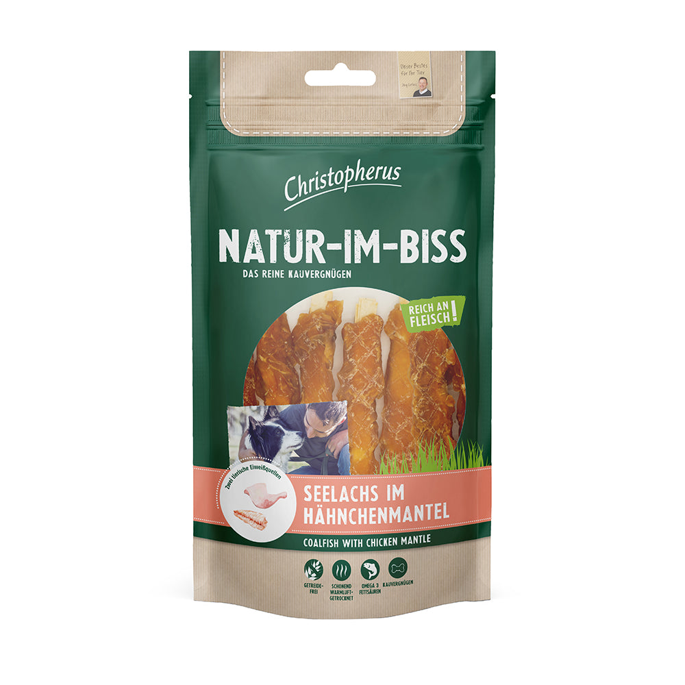 Bild vom Produkt: Christopherus Hund Snack Natur im Biss Seelachs im Hähnchenmantel 70g