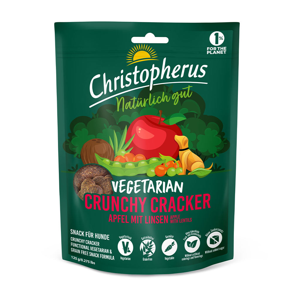 Bild vom Produkt: Christopherus Hund Crunchy Cracker Vegetarisch Vegetarian Snack Apfel mit Linsen 125g