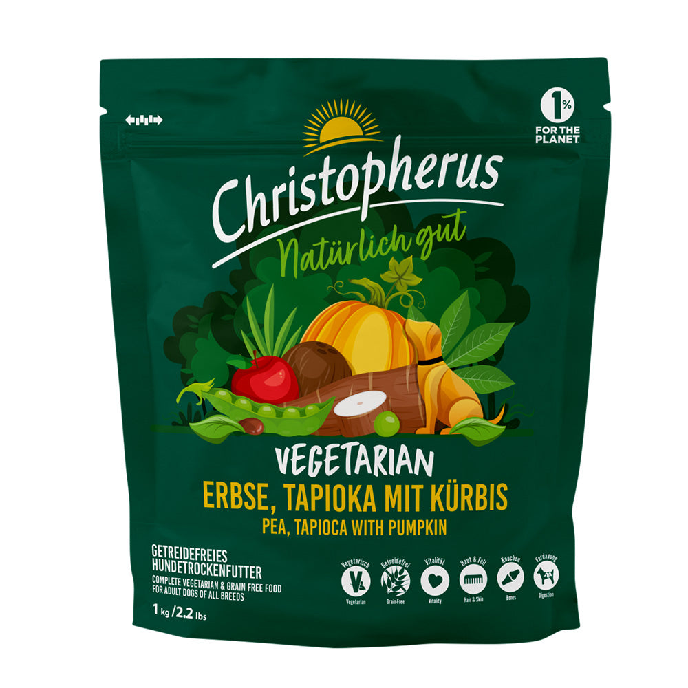 Bild vom Produkt: Christopherus Hund Trockenfutter Vegetarisch Vegetarian Erbse Tapioka mit Kürbis 1kg